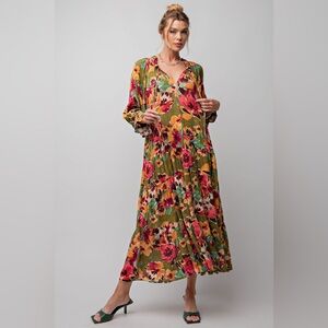#81 easel Olive Floral Maxi Dress with Pink & Yellow Blooms